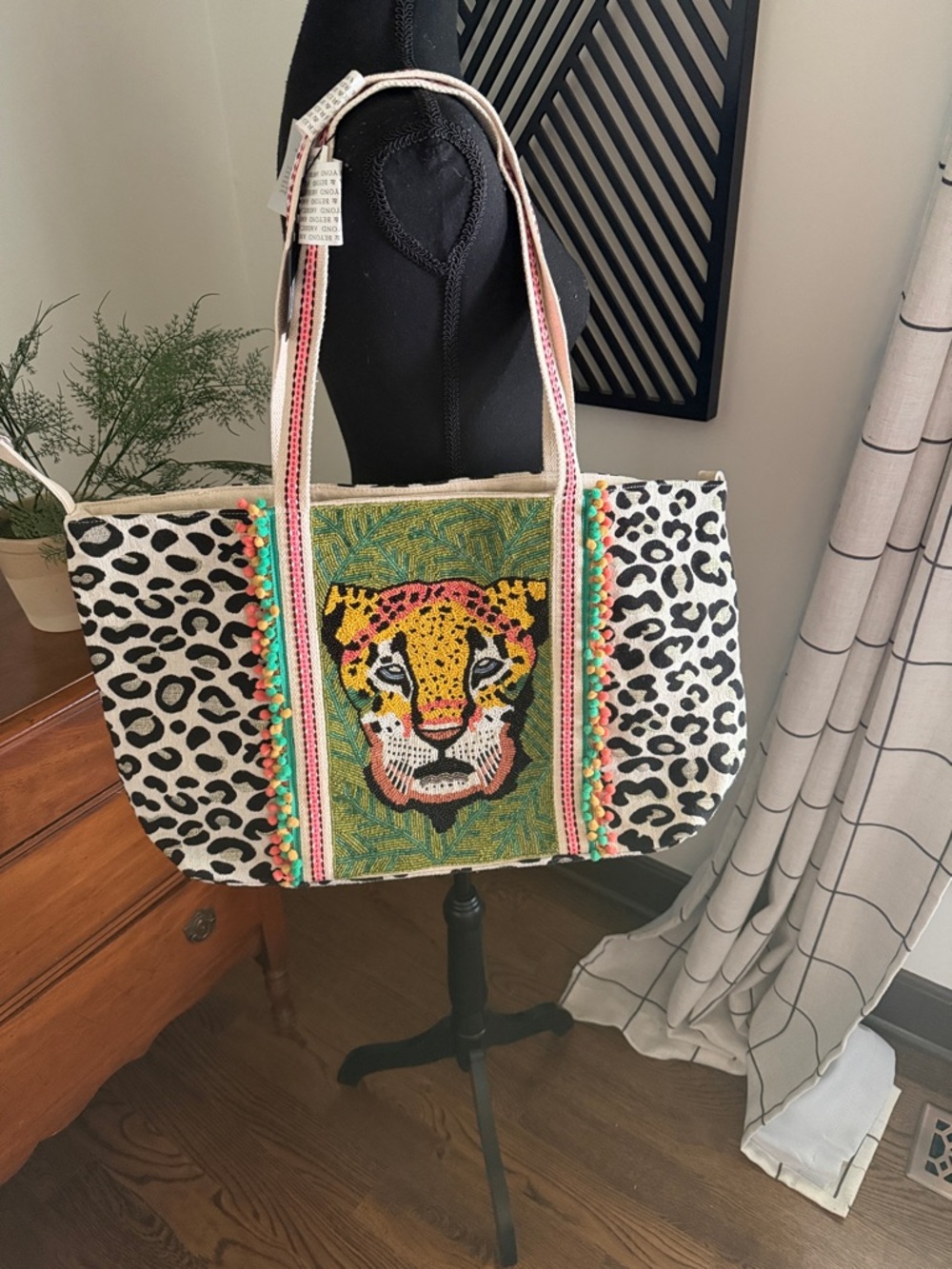 America & Beyond beaded leopard tote